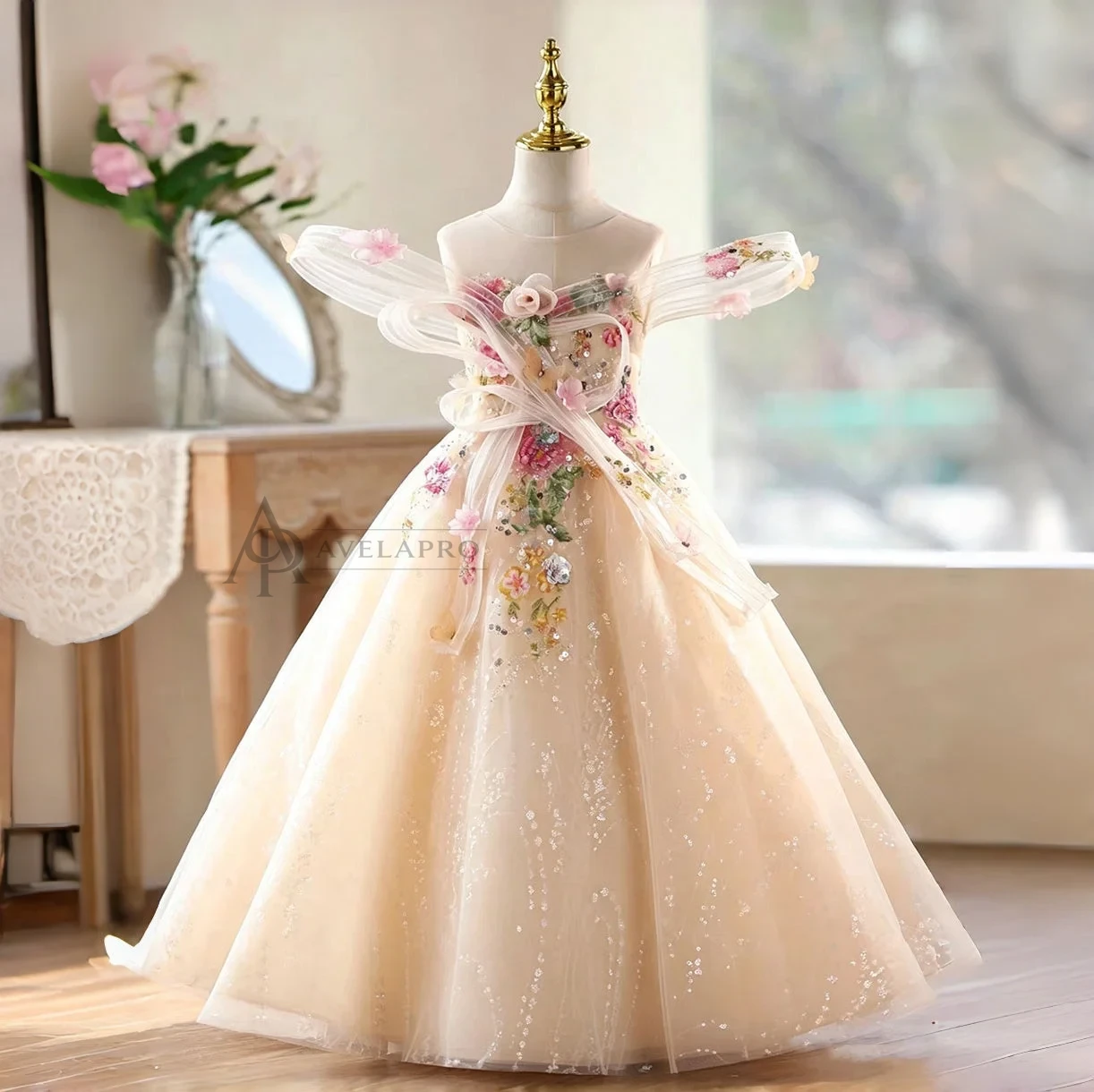 Luxury Champagne Flower Girl Dress with 3D Floral Embroidery and Sparkly Tulle Princess Gown D335 Champagne / child-14