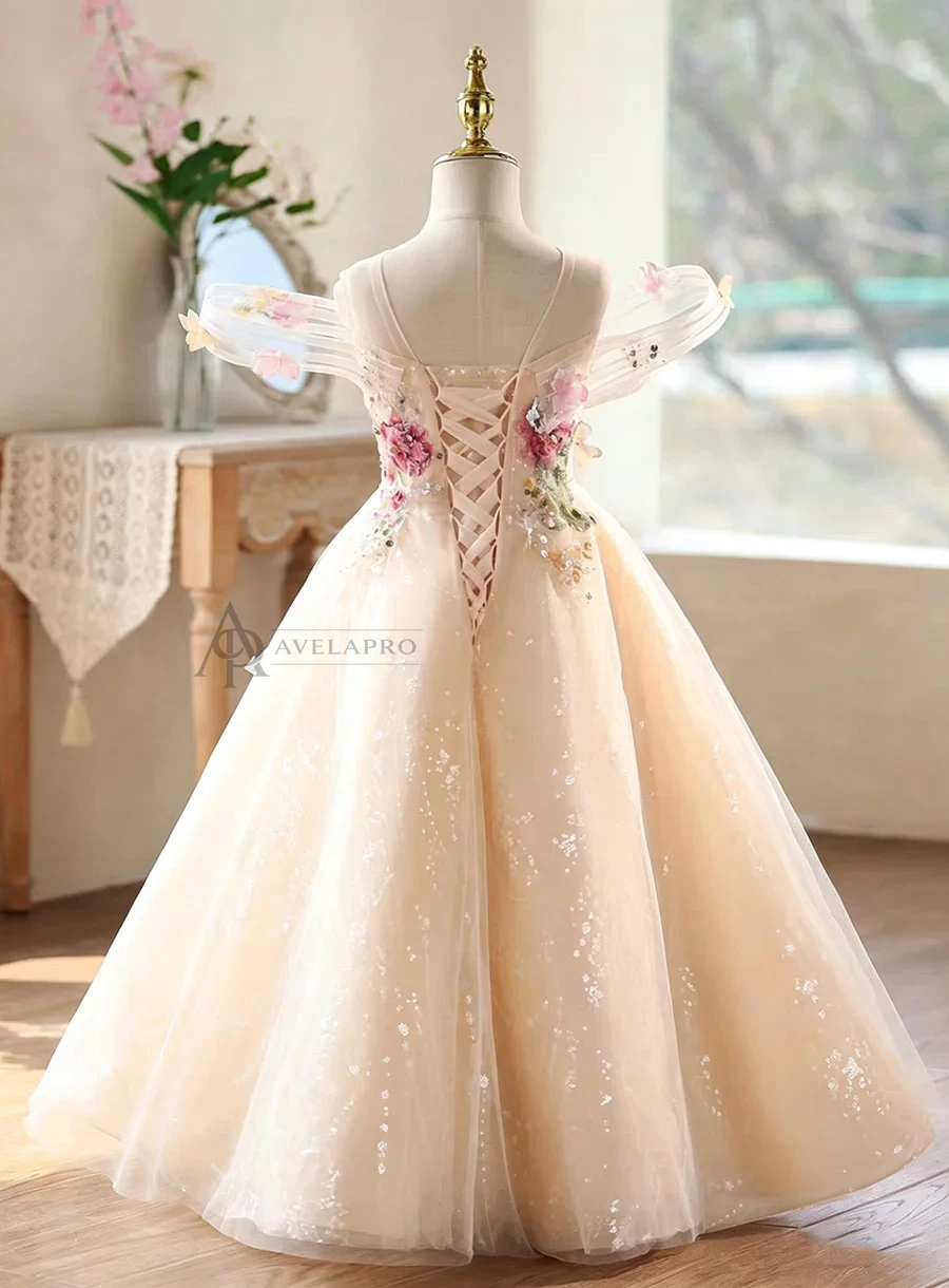 Champagne Flower Girl Dress for Girls Sparkly Tulle Ball Gown for Wedding