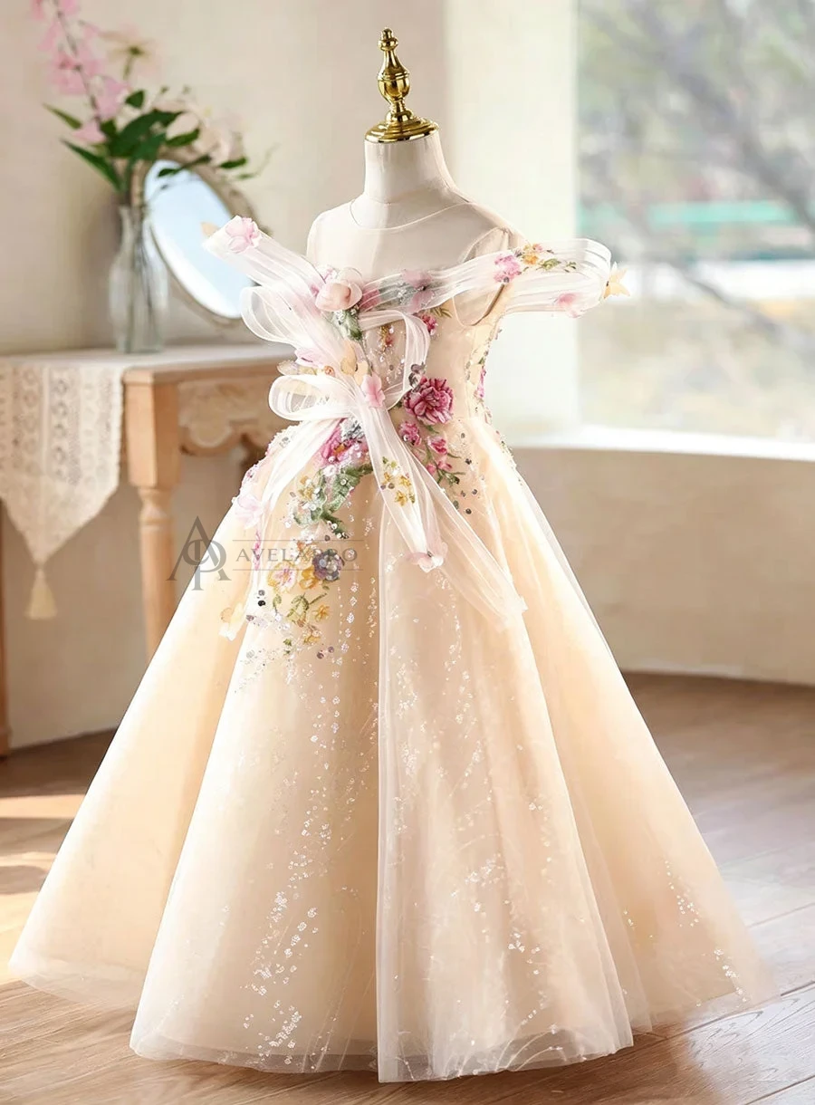 Champagne Flower Girl Dress for Girls Sparkly Tulle Ball Gown for Wedding