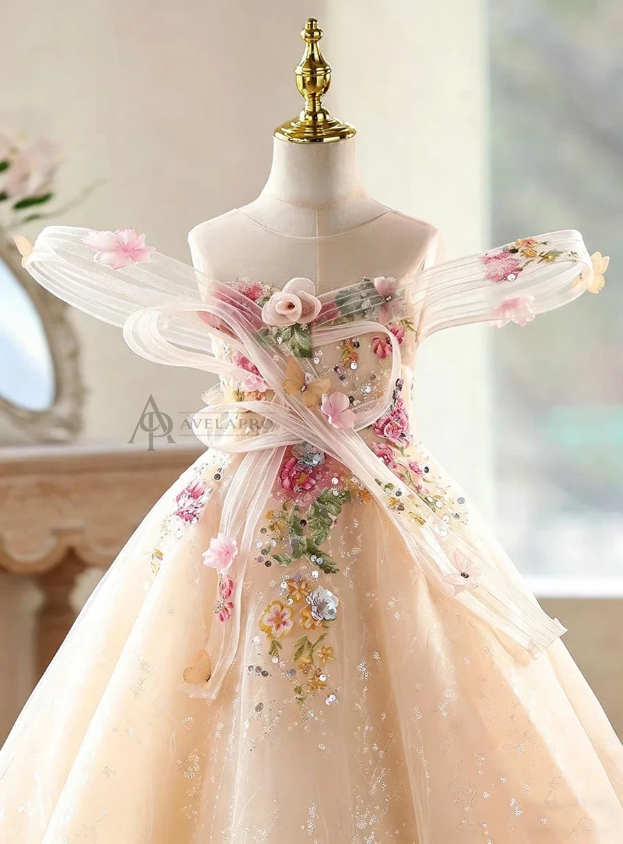 Champagne Flower Girl Dress for Girls Sparkly Tulle Ball Gown for Wedding