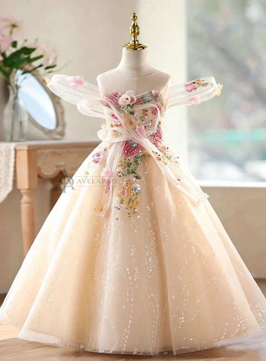 Champagne Flower Girl Dress for Girls Sparkly Tulle Ball Gown for Wedding