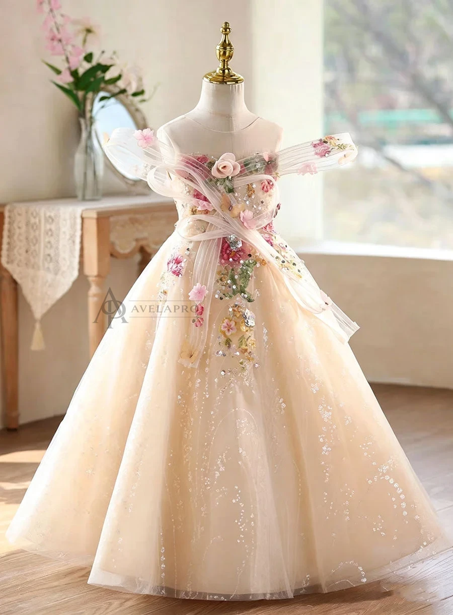 Champagne Flower Girl Dress for Girls Sparkly Tulle Ball Gown for Wedding