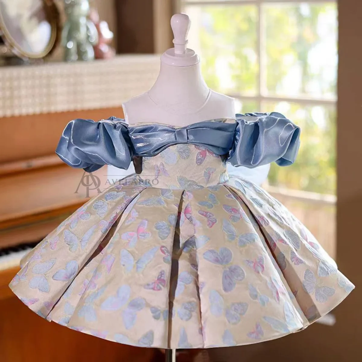 Cute Off-Shoulder designed Satin Flower Girl Dress With Butterfly Pattern