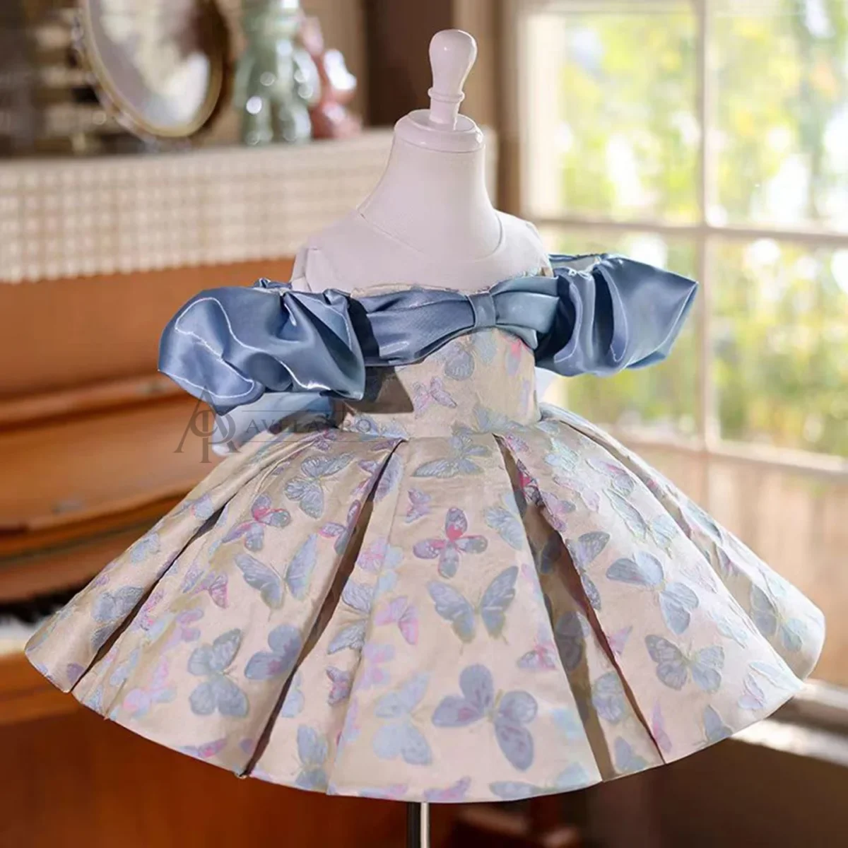 Cute Off-Shoulder designed Satin Flower Girl Dress With Butterfly Pattern