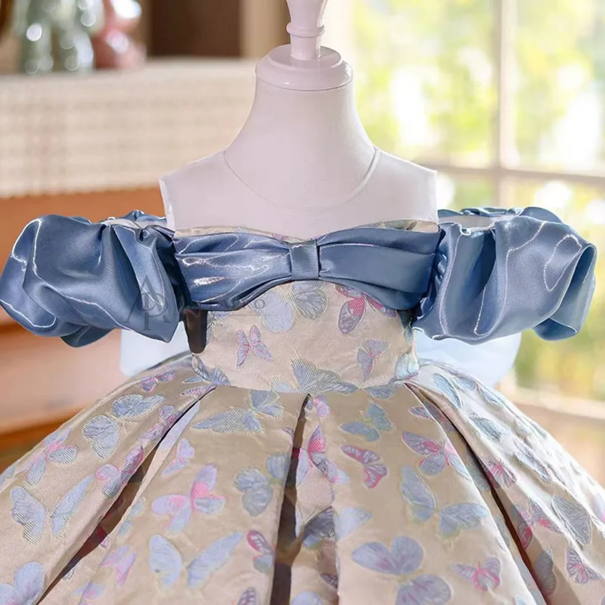 Cute Off-Shoulder designed Satin Flower Girl Dress With Butterfly Pattern