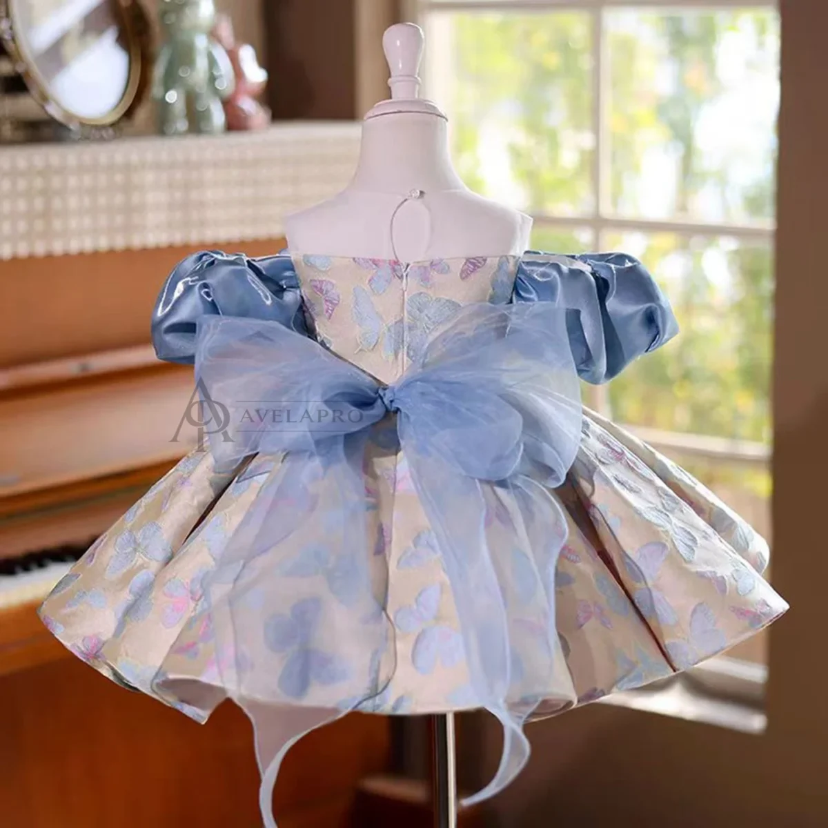 Cute Off-Shoulder designed Satin Flower Girl Dress With Butterfly Pattern