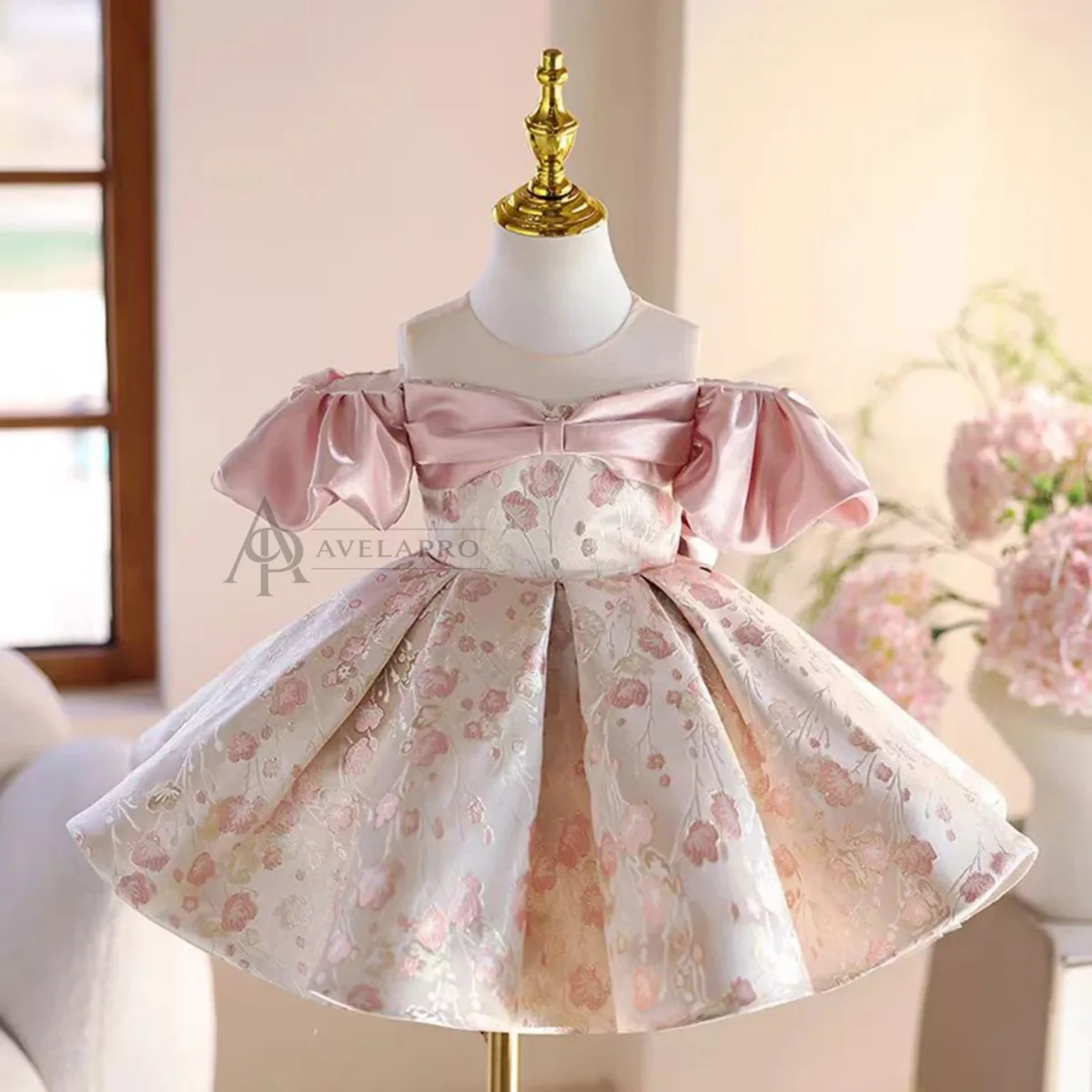 Cute Off-Shoulder designed Satin Flower Girl Dress With Butterfly Pattern