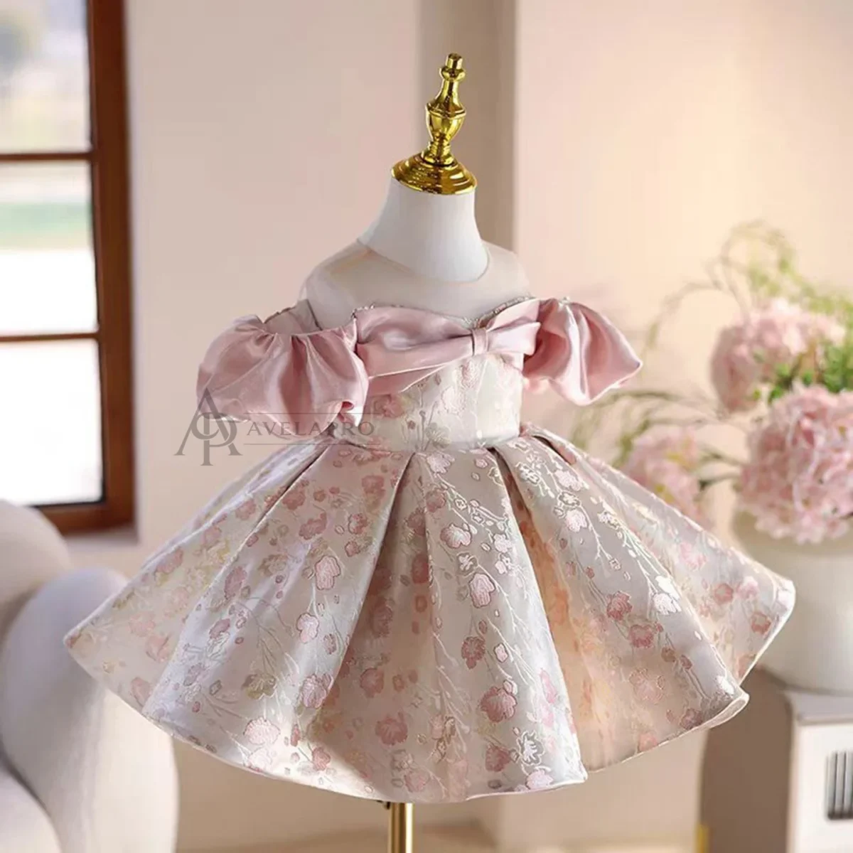 Cute Off-Shoulder designed Satin Flower Girl Dress With Butterfly Pattern