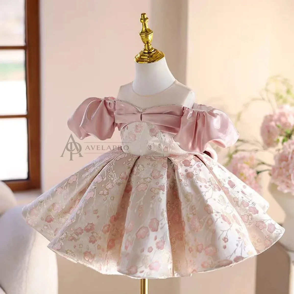 Cute Off-Shoulder designed Satin Flower Girl Dress With Butterfly Pattern