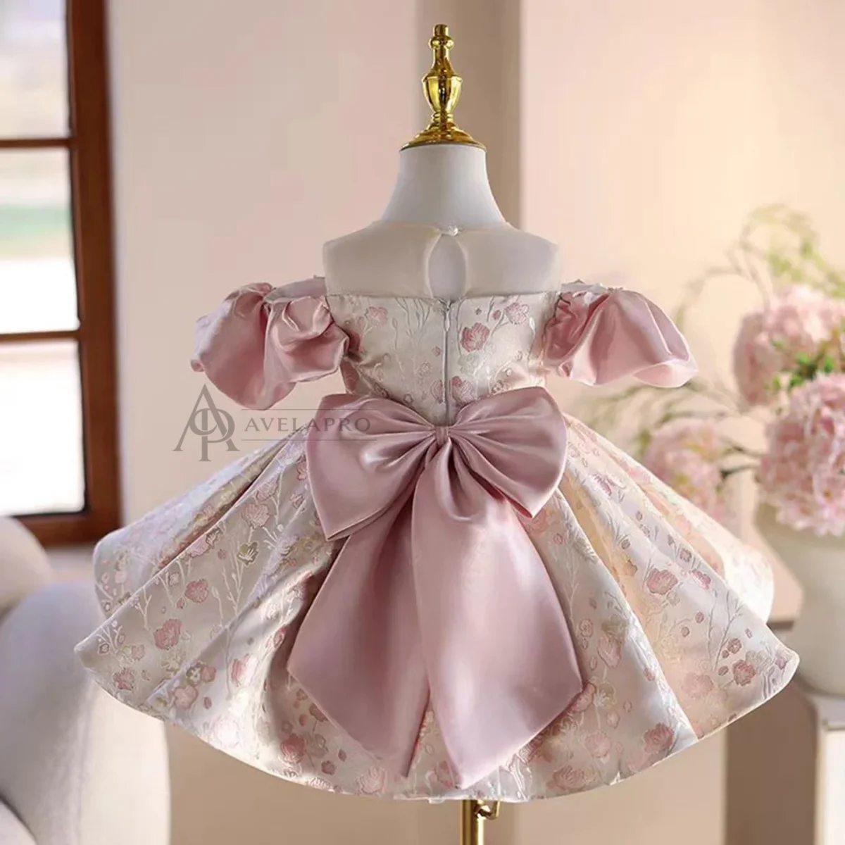 Cute Off-Shoulder designed Satin Flower Girl Dress With Butterfly Pattern