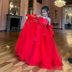 Elegant 3D Flowers Red Girl Dress Long Sleeve Princess Gown
