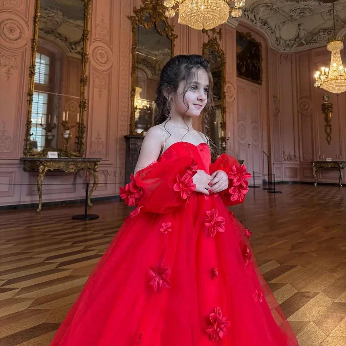 Elegant 3D Flowers Red Girl Dress Long Sleeve Princess Gown