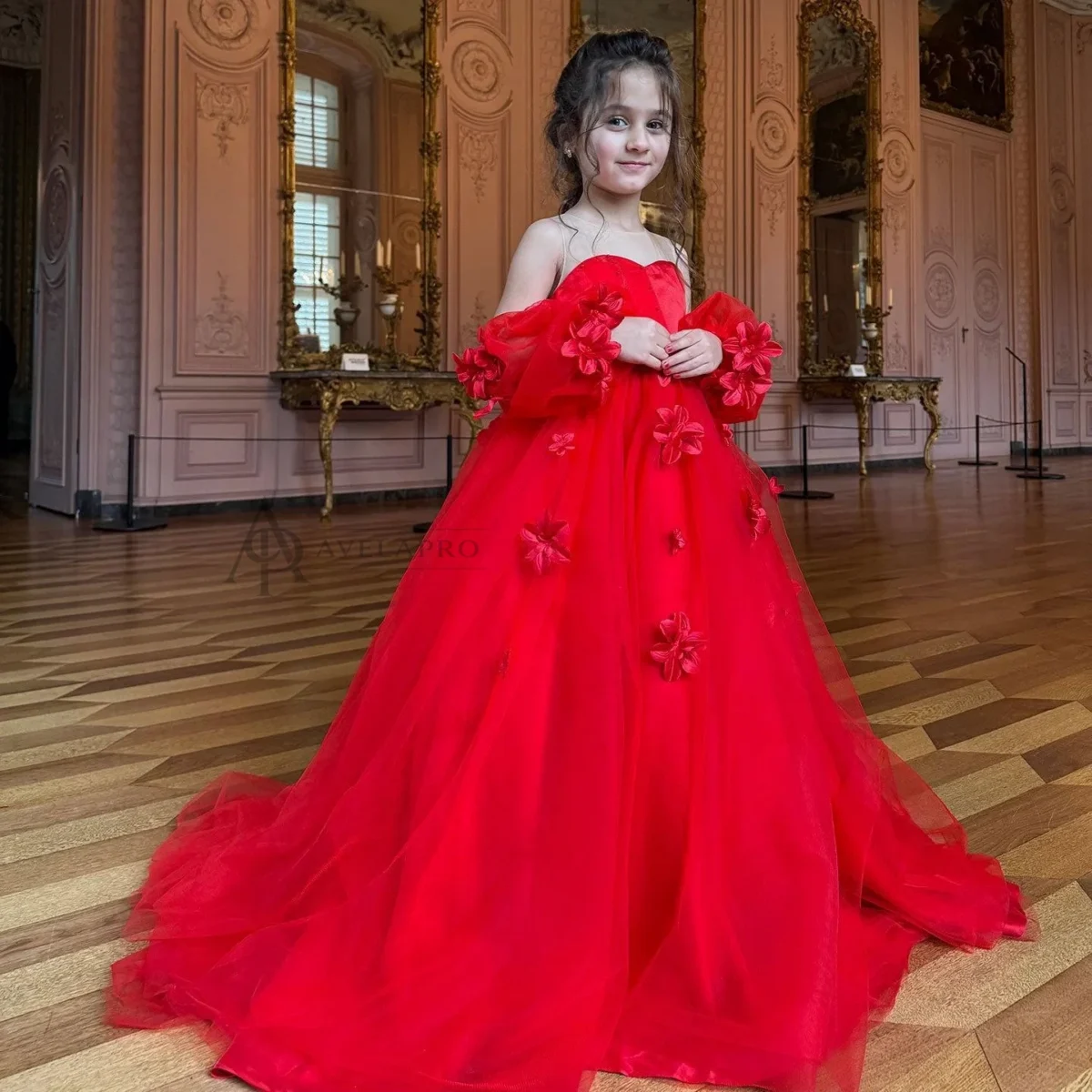 Elegant 3D Flowers Red Girl Dress Long Sleeve Princess Gown