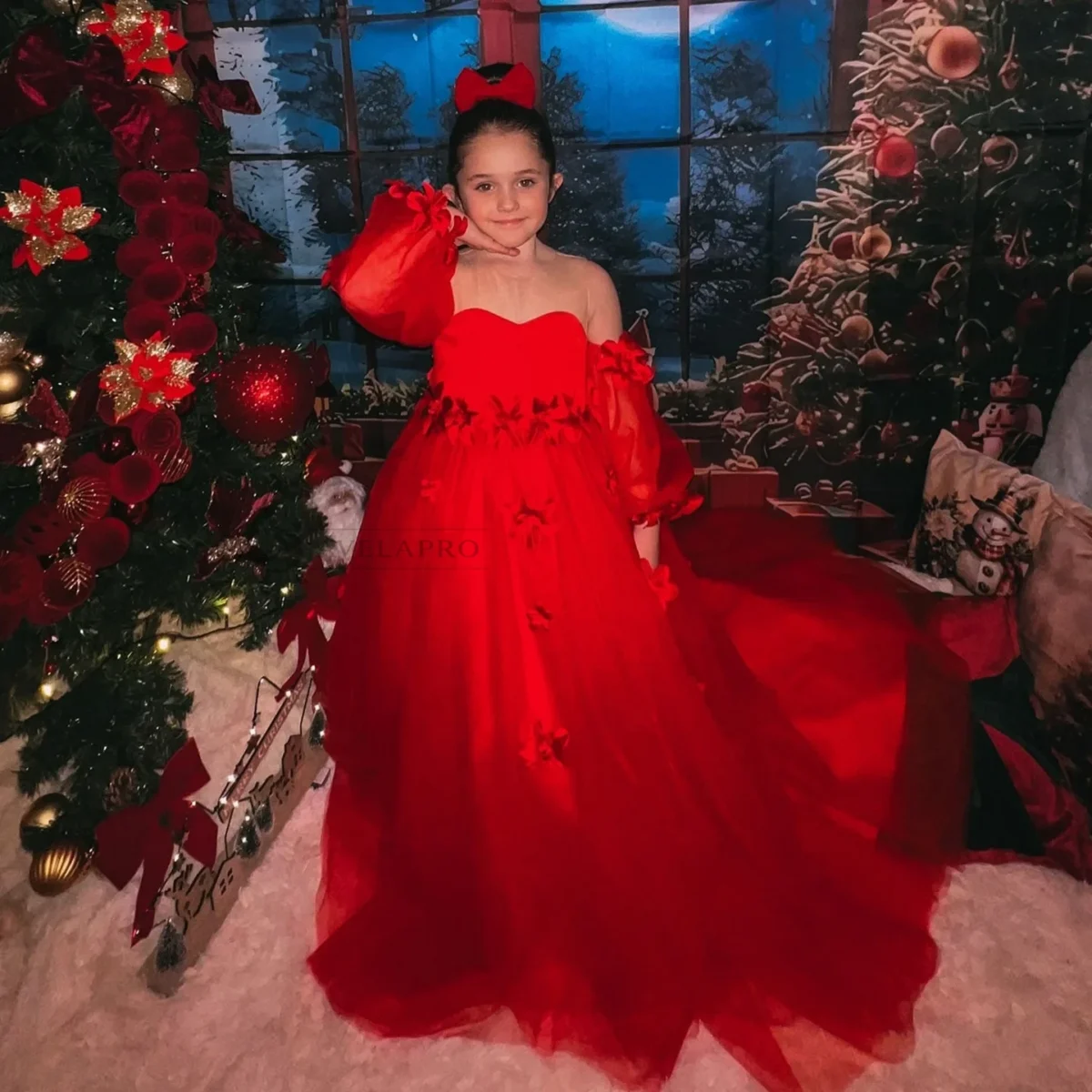Elegant 3D Flowers Red Girl Dress Long Sleeve Princess Gown