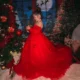 Elegant 3D Flowers Red Girl Dress Long Sleeve Princess Gown