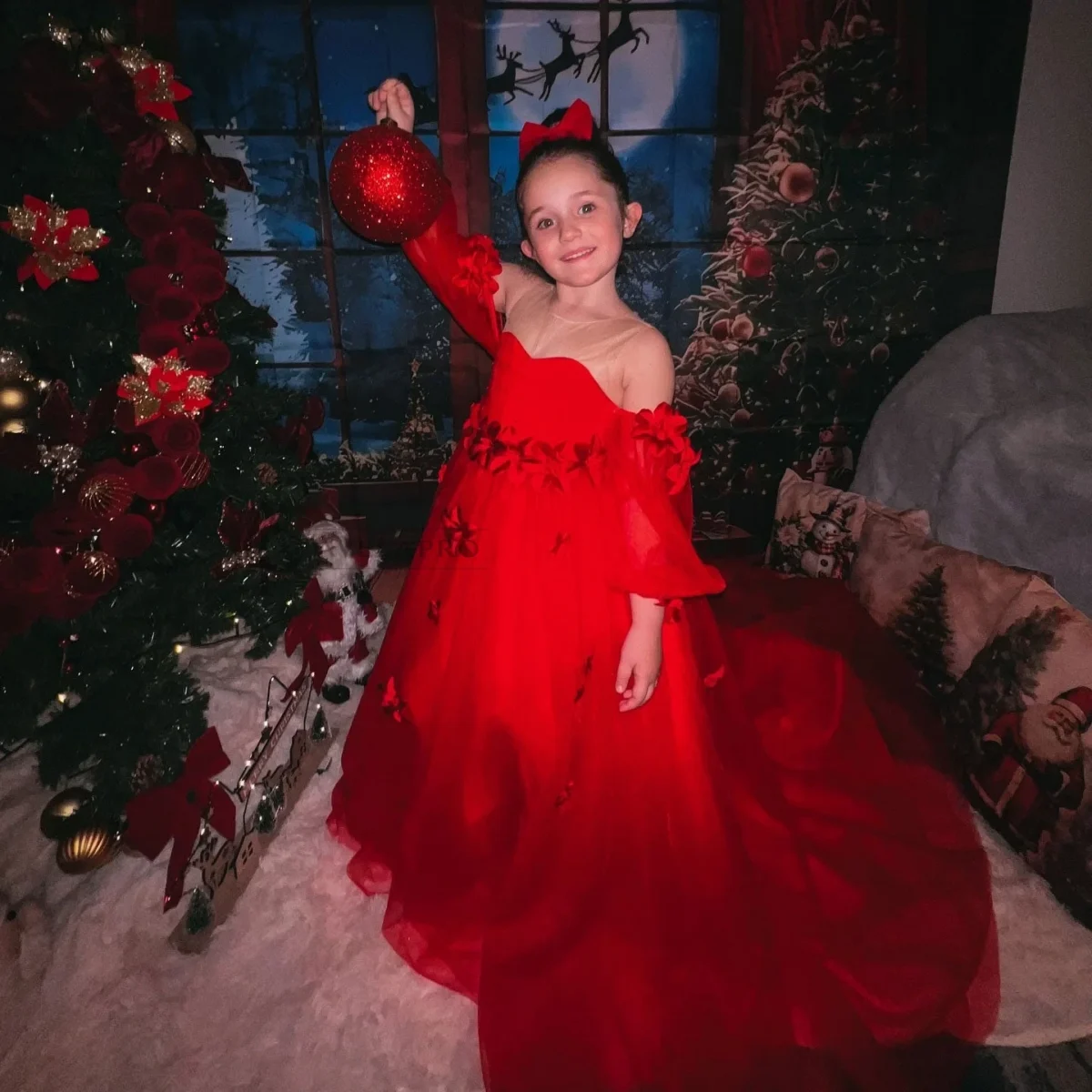Elegant 3D Flowers Red Girl Dress Long Sleeve Princess Gown