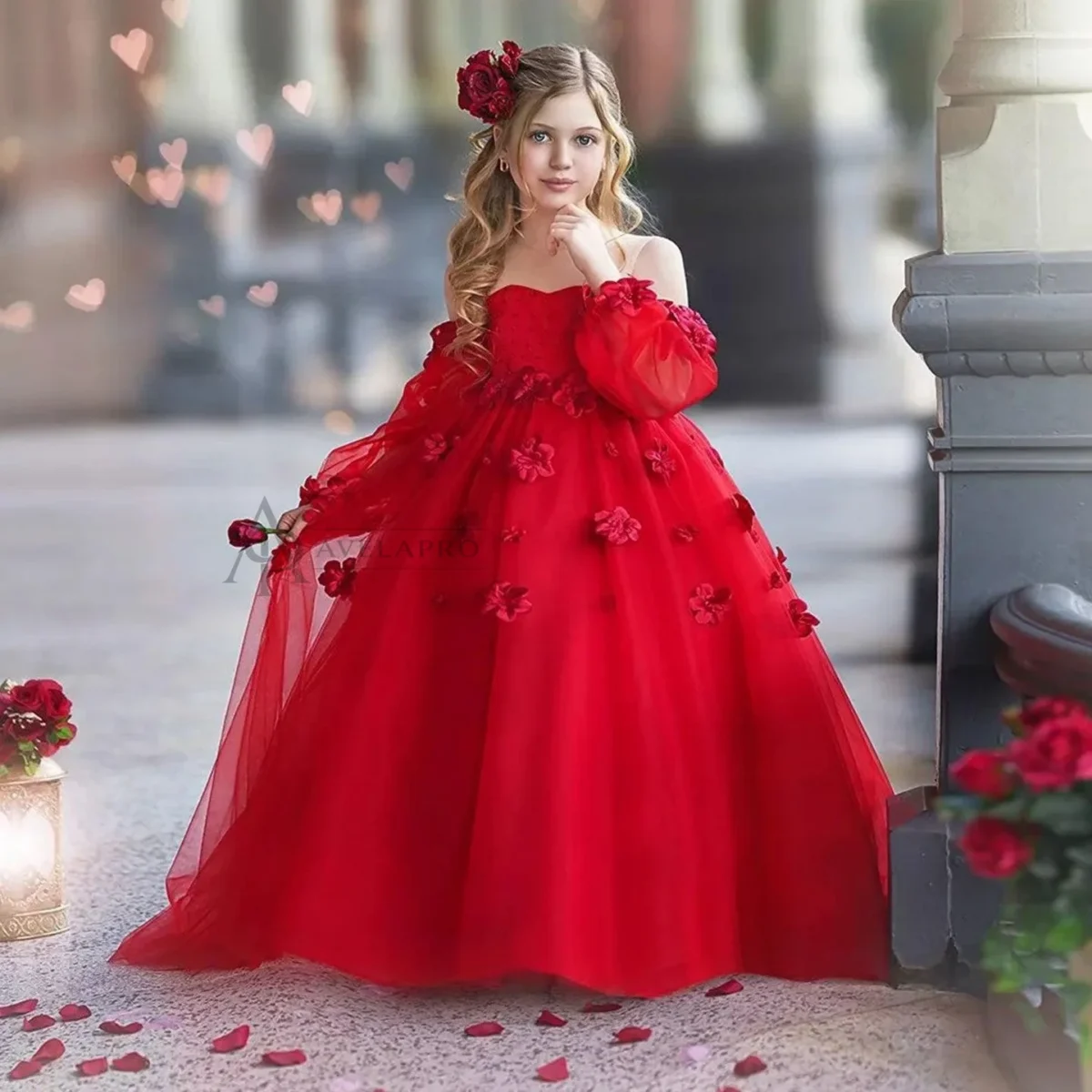 Elegant 3D Flowers Red Girl Dress Long Sleeve Princess Gown
