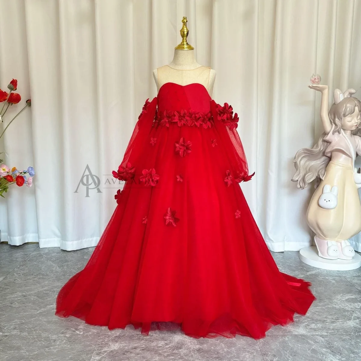 Elegant 3D Flowers Red Girl Dress Long Sleeve Princess Gown