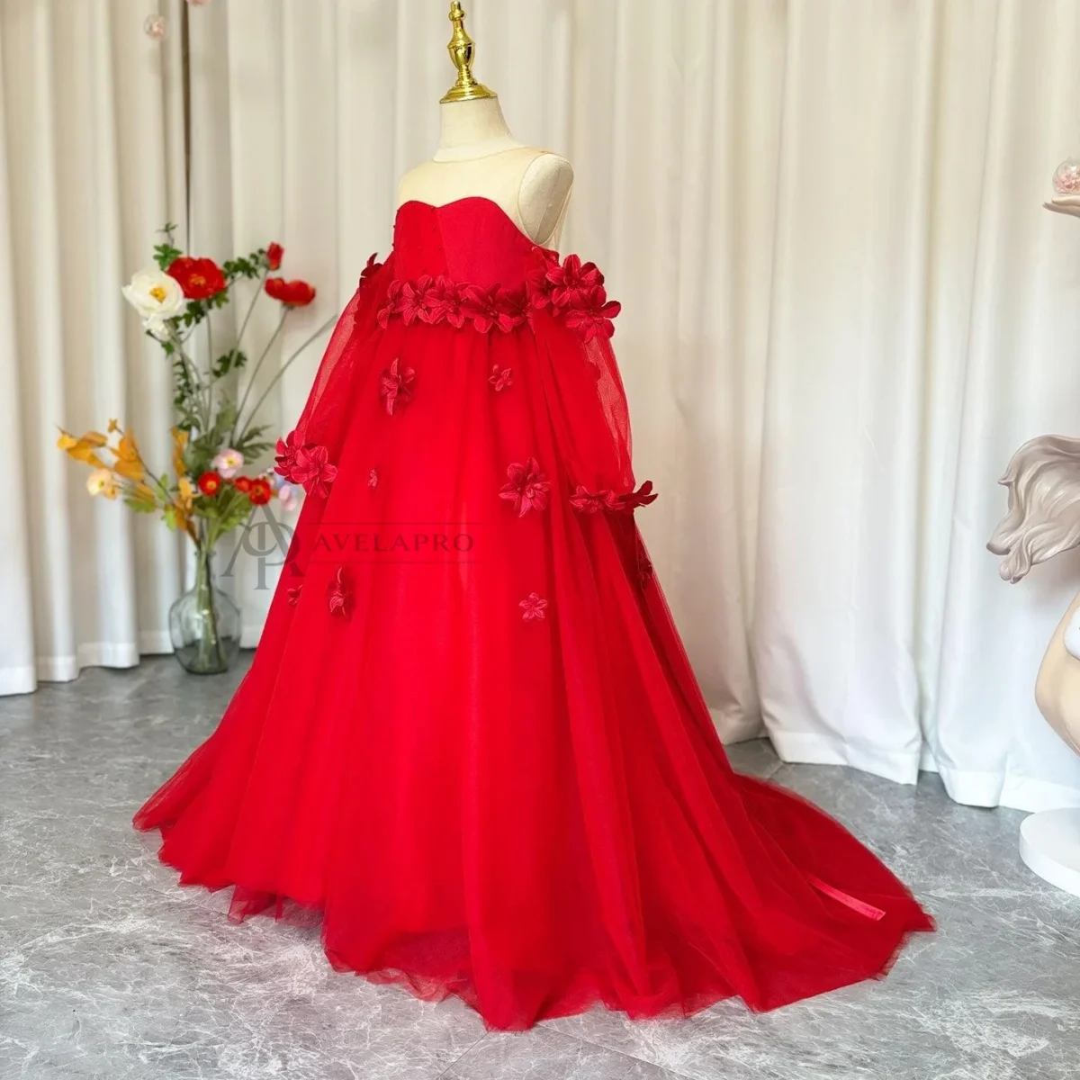 Elegant 3D Flowers Red Girl Dress Long Sleeve Princess Gown
