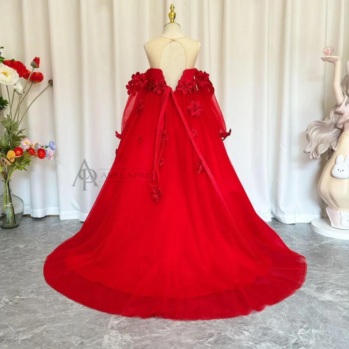 Elegant 3D Flowers Red Girl Dress Long Sleeve Princess Gown