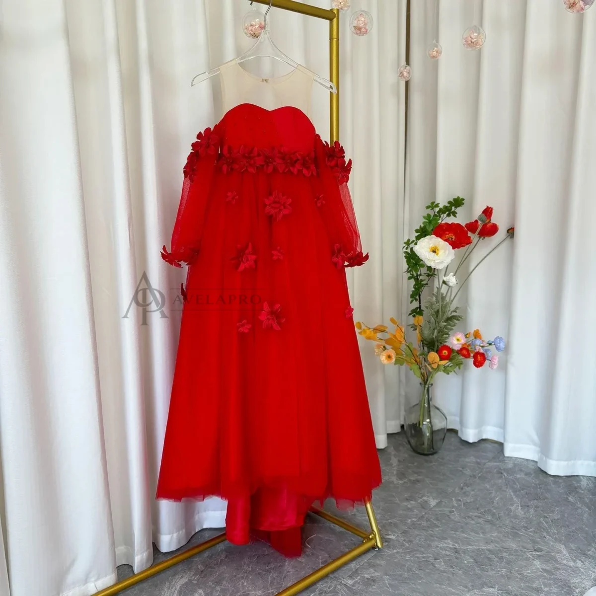 Elegant 3D Flowers Red Girl Dress Long Sleeve Princess Gown