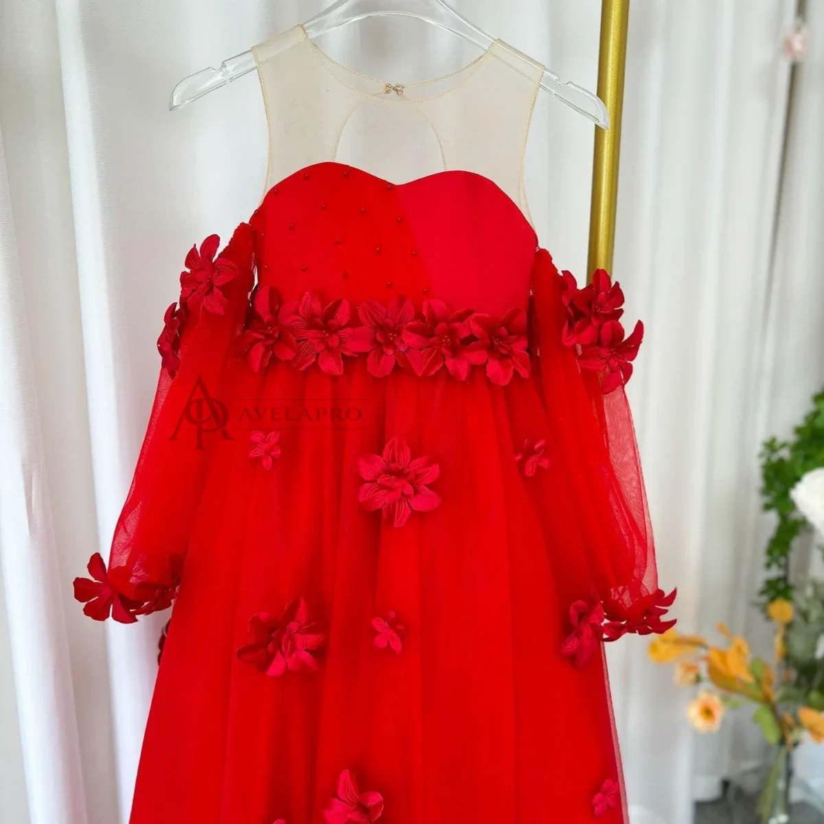 Elegant 3D Flowers Red Girl Dress Long Sleeve Princess Gown