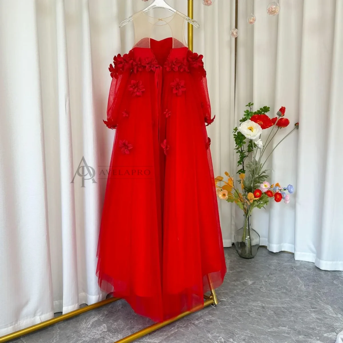 Elegant 3D Flowers Red Girl Dress Long Sleeve Princess Gown