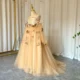 Elegant 3D Flowers Red Girl Dress Long Sleeve Princess Gown