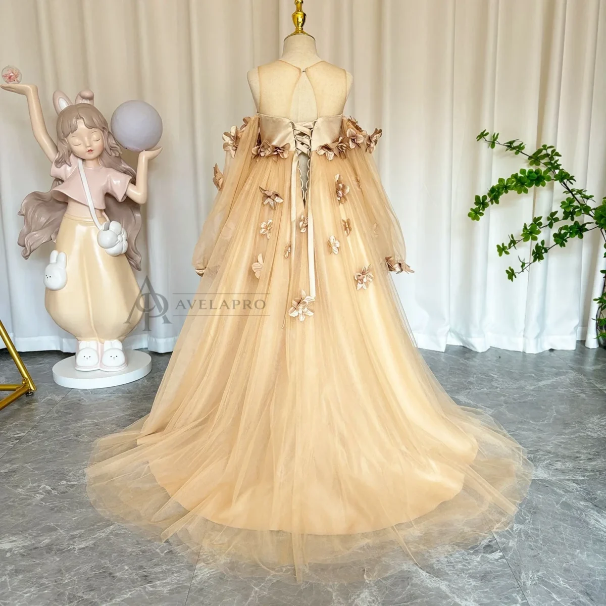 Elegant 3D Flowers Red Girl Dress Long Sleeve Princess Gown