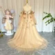 Elegant 3D Flowers Red Girl Dress Long Sleeve Princess Gown