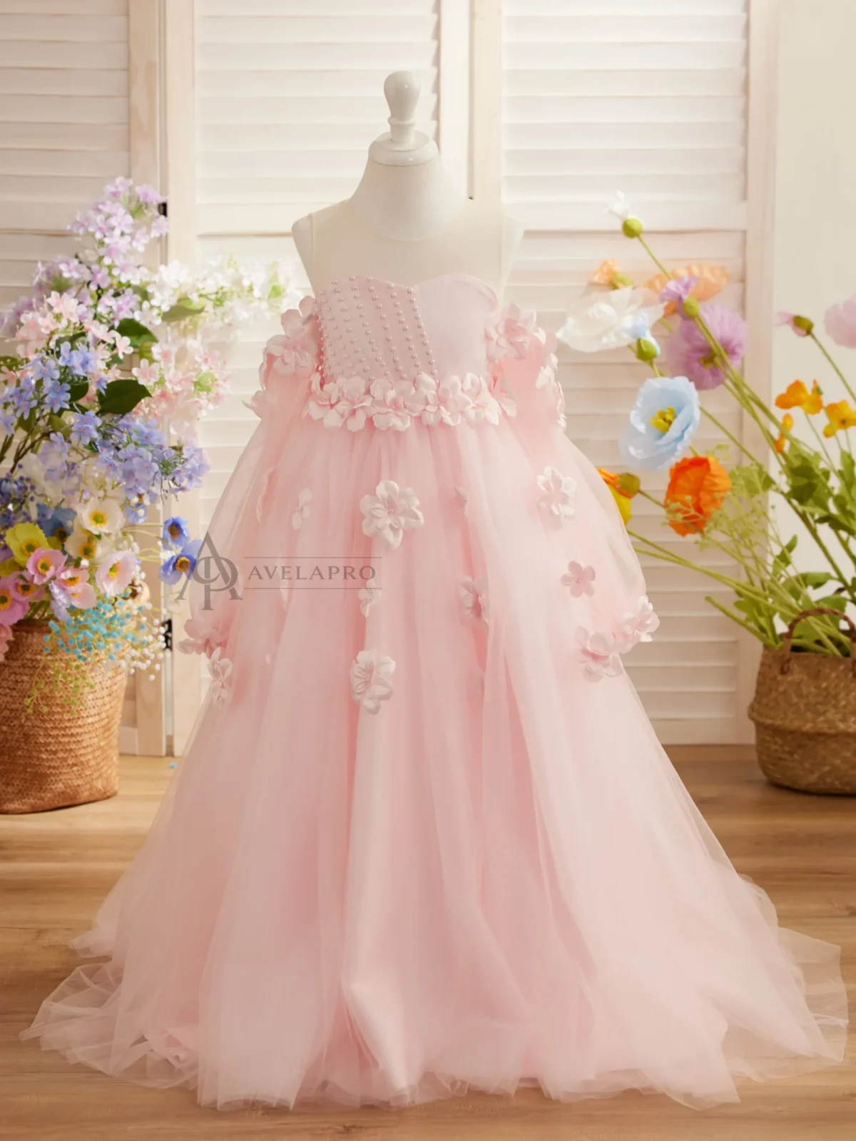 Elegant 3D Flowers Red Girl Dress Long Sleeve Princess Gown