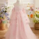 Elegant 3D Flowers Red Girl Dress Long Sleeve Princess Gown