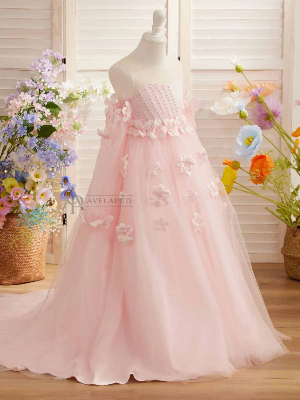 Elegant 3D Flowers Red Girl Dress Long Sleeve Princess Gown