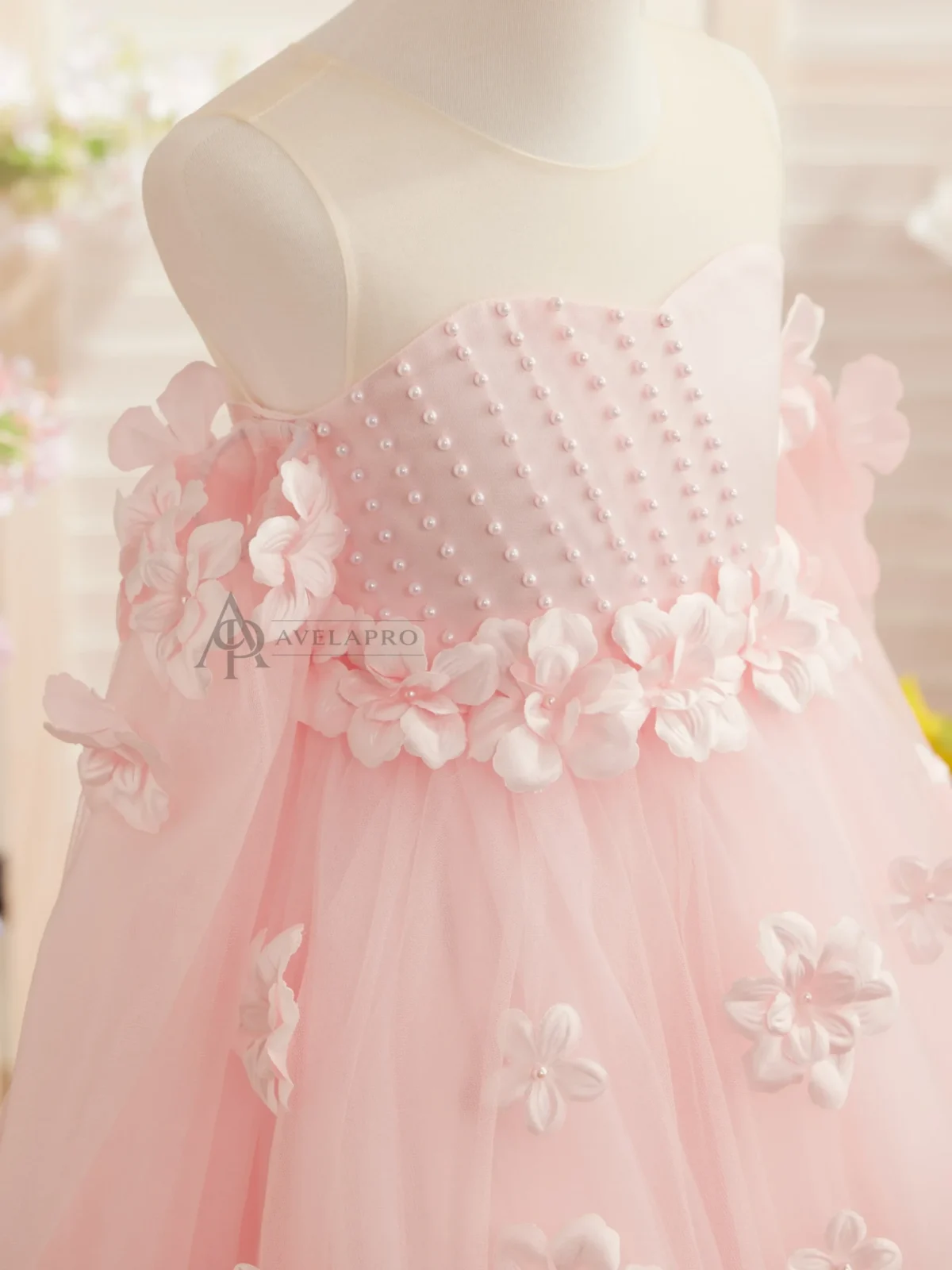 Elegant 3D Flowers Red Girl Dress Long Sleeve Princess Gown