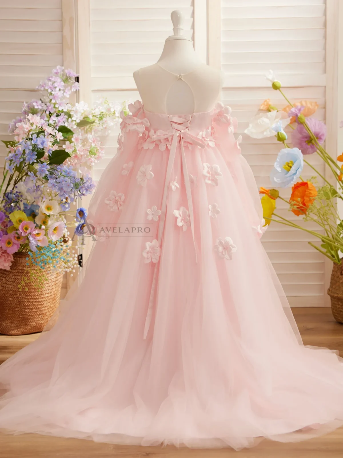 Elegant 3D Flowers Red Girl Dress Long Sleeve Princess Gown