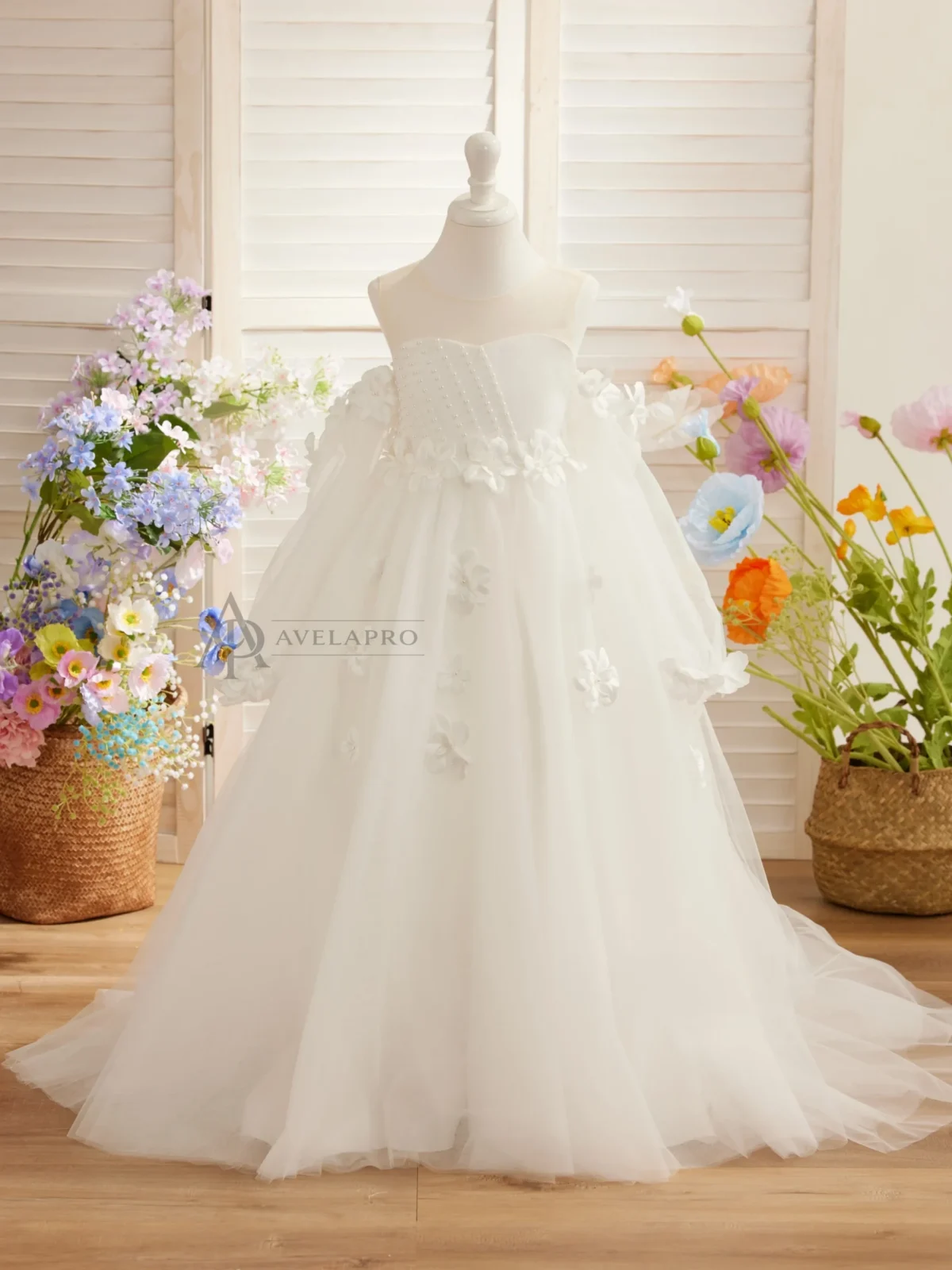 Elegant 3D Flowers Red Girl Dress Long Sleeve Princess Gown
