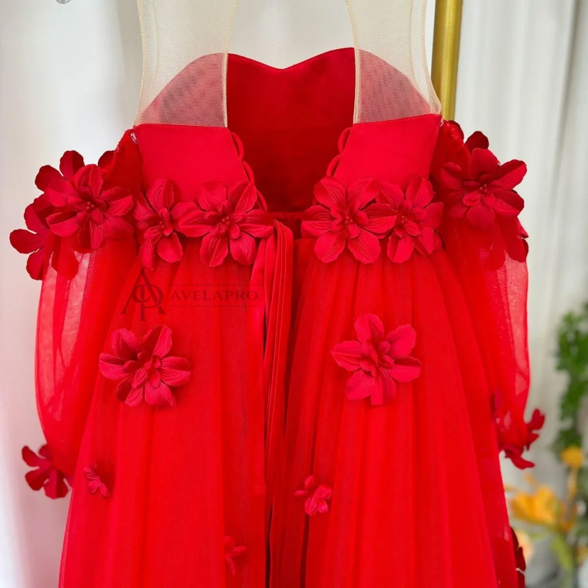 Elegant 3D Flowers Red Girl Dress Long Sleeve Princess Gown