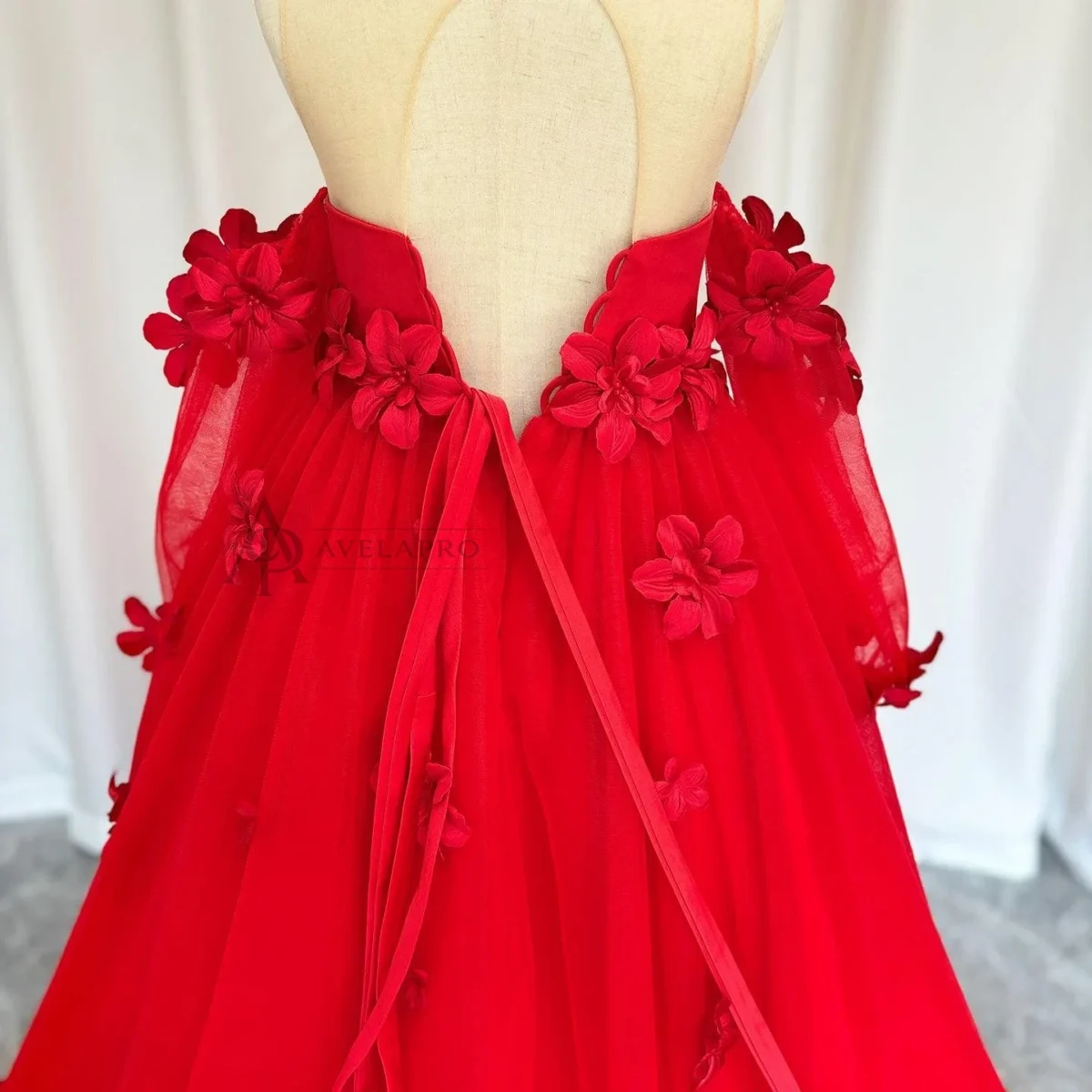 Elegant 3D Flowers Red Girl Dress Long Sleeve Princess Gown
