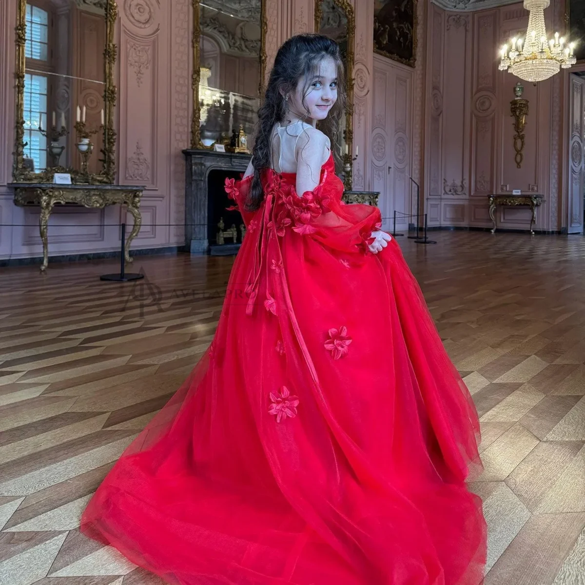 Elegant 3D Flowers Red Girl Dress Long Sleeve Princess Gown