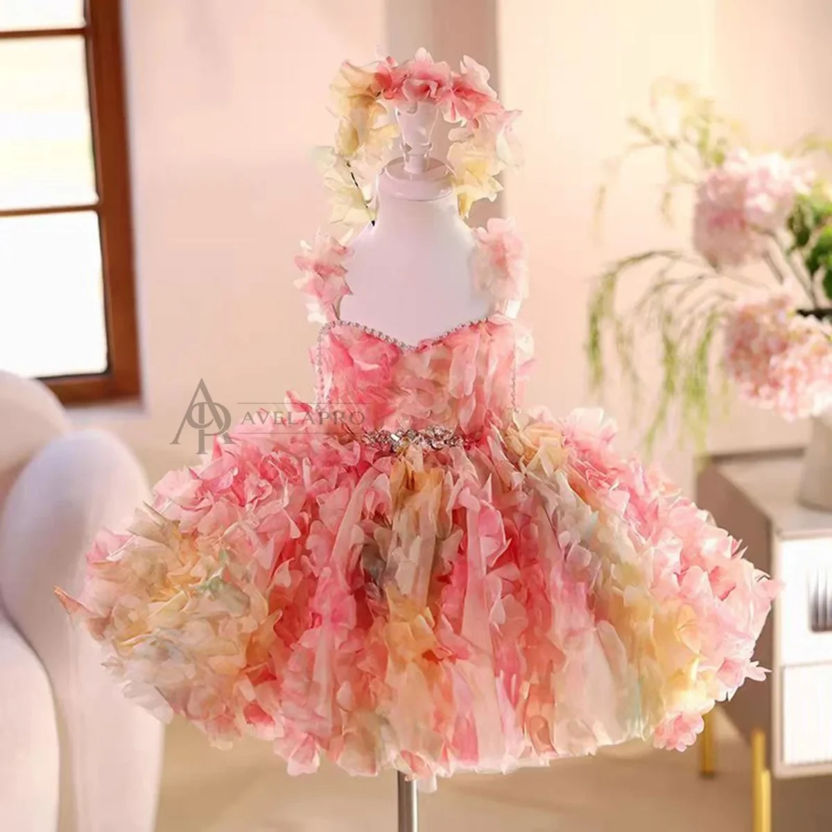 Elegant And Cute Pearl Embellished Sling Tulle Pink Flower Girl Dress