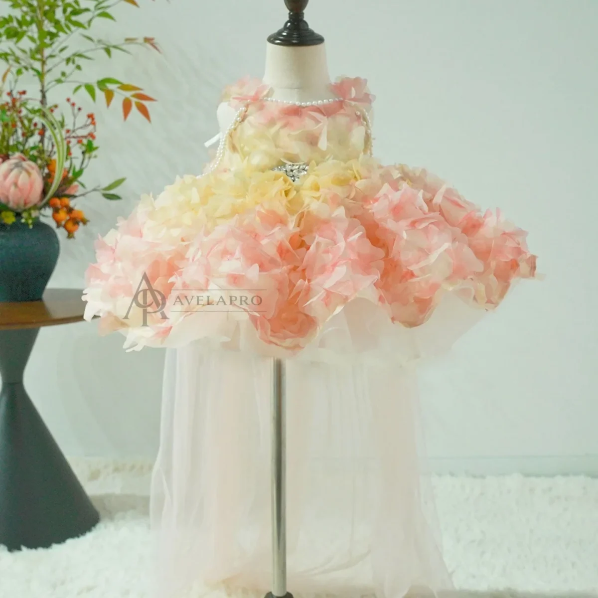 Elegant And Cute Pearl Embellished Sling Tulle Pink Flower Girl Dress