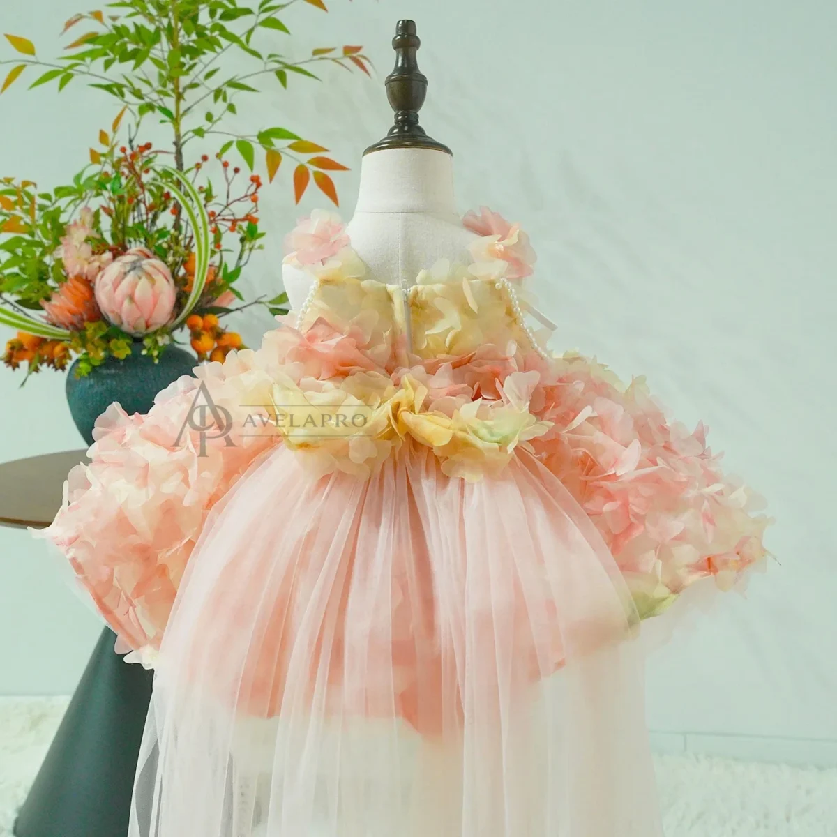 Elegant And Cute Pearl Embellished Sling Tulle Pink Flower Girl Dress