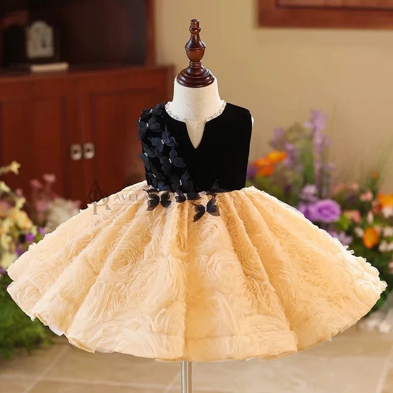 Elegant Girl Dress Velvet Top Gold Bowed Party Ball Gown