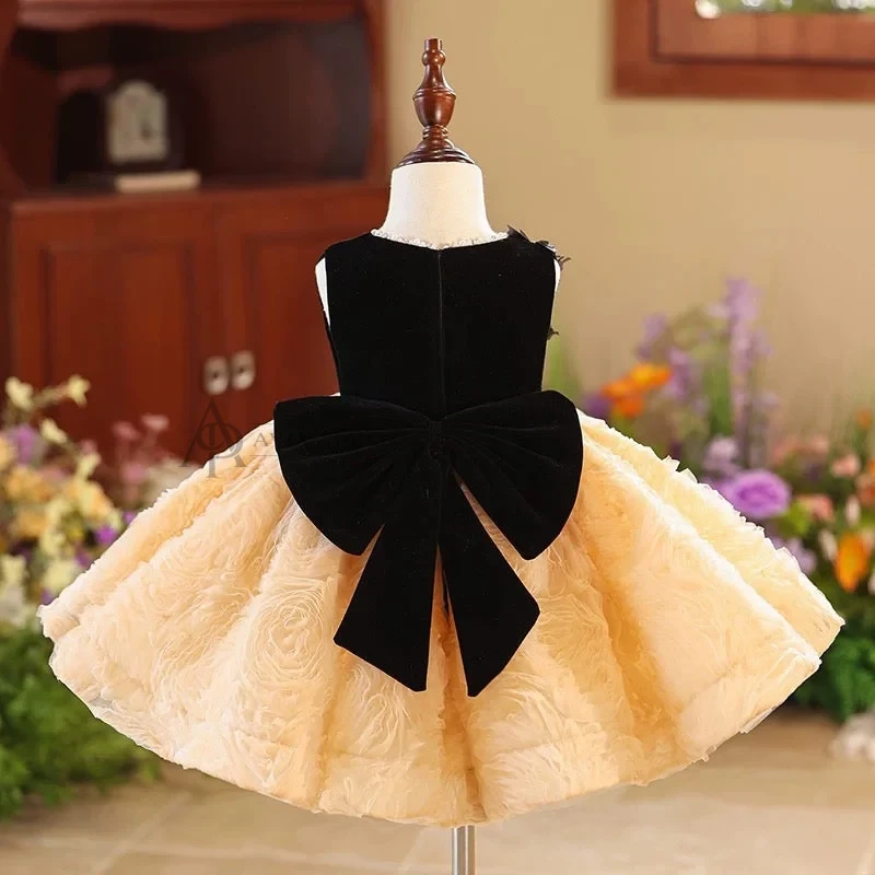 Elegant Girl Dress Velvet Top Gold Bowed Party Ball Gown