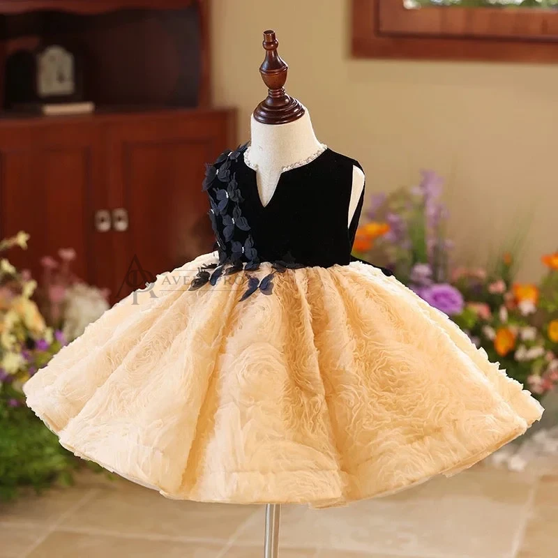 Elegant Girl Dress Velvet Top Gold Bowed Party Ball Gown