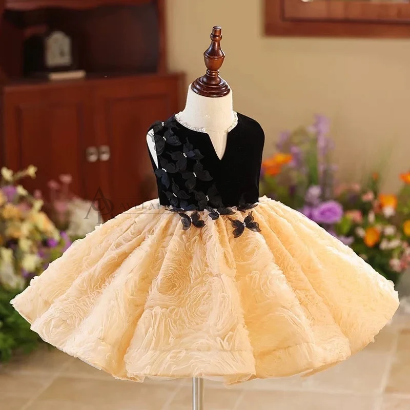 Elegant Girl Dress Velvet Top Gold Bowed Party Ball Gown