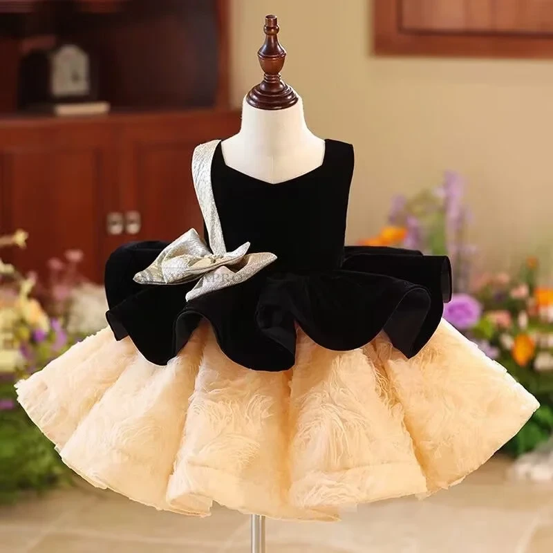 Elegant Girl Dress Velvet Top Gold Bowed Party Ball Gown