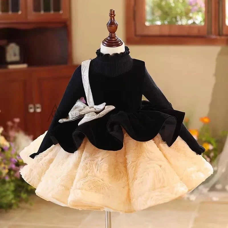 Elegant Girl Dress Velvet Top Gold Bowed Party Ball Gown