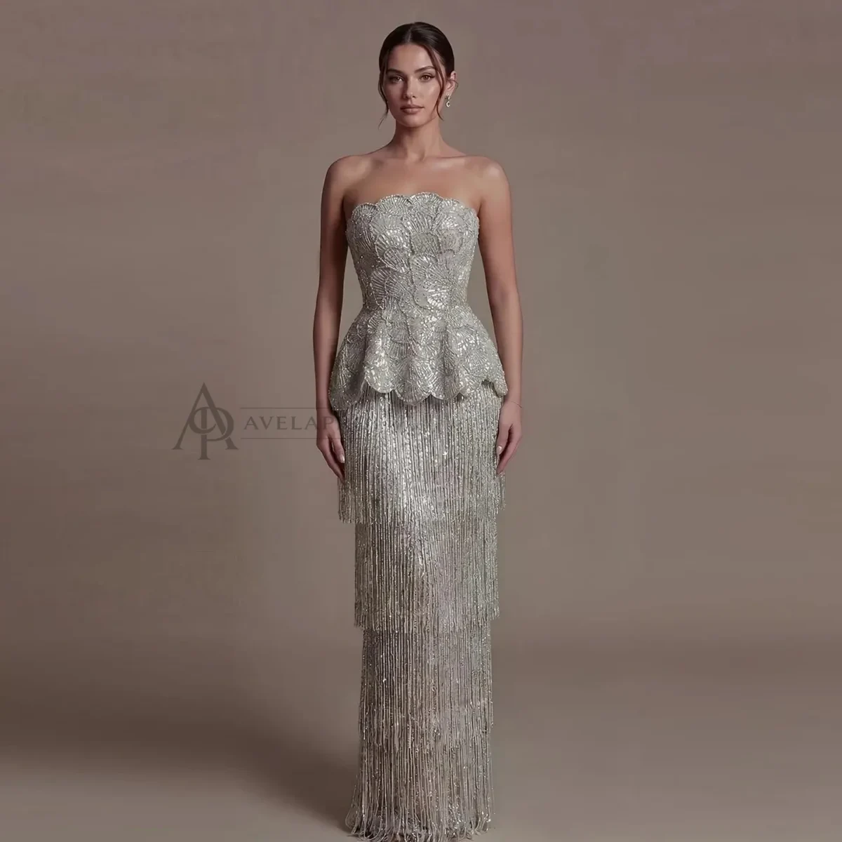 Elegant Gray Strapless Evening Dress with Scalloped Peplum Waist and Long Beaded Fringe