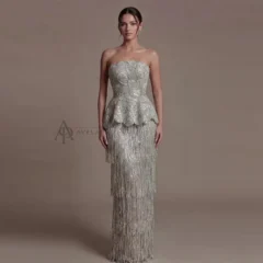 Elegant Gray Strapless Evening Dress with Scalloped Peplum Waist and Long Beaded Fringe